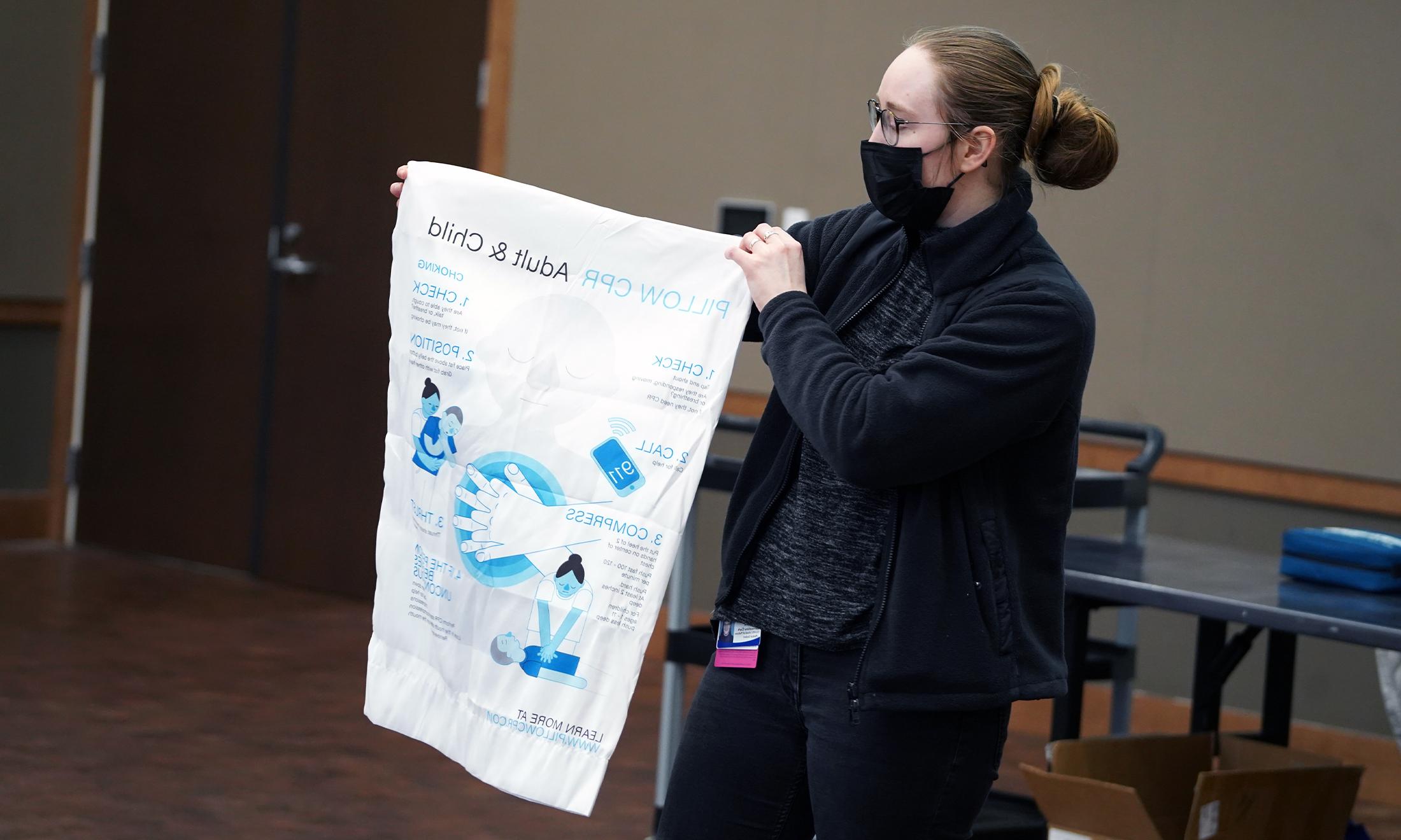 An image of Goldstein's pillow being held up for demonstration